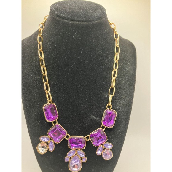 Purple Rhinestones Faceted Formal Gold-Tone Statement 21.25" Necklace! - Picture 2 of 7